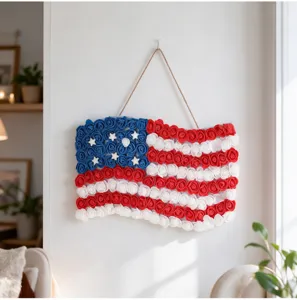 US Flagge Wandbehang für Unabhängigkeitstag, rot weiß blaue Blumen Türdeko für Garten Party.