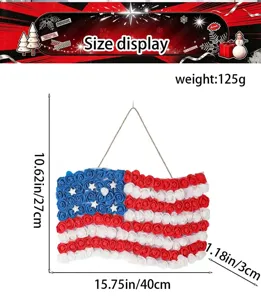 Detailansicht zeigt Abmessungen, Höhe 27cm, Breite 40cm, Gewicht 125g, PU Blumen US Flagge.