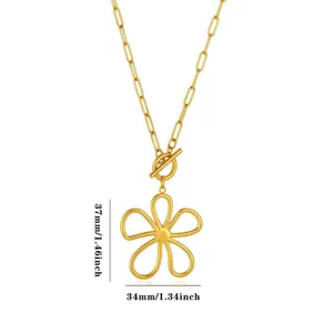 Gold titanium steel necklace featuring a flower pendant and paperclip chain trendy
