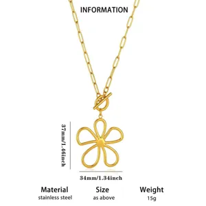 Gold titanium steel flower pendant detail shot, showcasing exquisite OT clasp and chain link.
