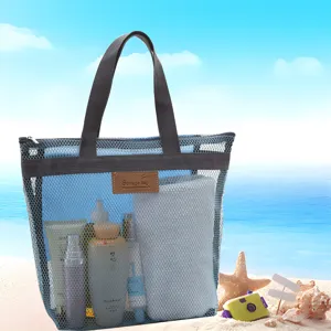 Blauer Netztasche Strandtasche Kulturbeutel Tragetasche Badesee Reise Organizer Tasche