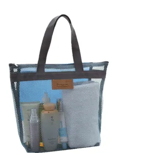 Blaues Mesh Strandtasche tragbarer Kulturbeutel Reise Aufbewahrungstasche Griffe.