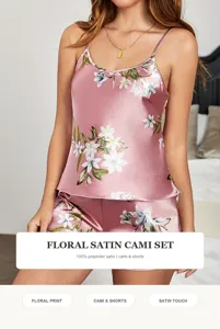 Women floral satin cami and shorts pajama set, comfortable sleepwear for lounge wear.