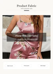 Floral satin camisole and shorts pajama set detail, smooth and soft fabric features.