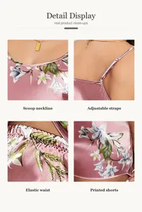 Detailed close-up of women floral print cami pajama set showing neckline and strap design.