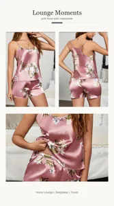 Pink floral satin sleepwear set for women, featuring a camisole and comfy shorts for lounge.