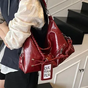 Wine red large capacity hobo shoulder bag for women stylish PU leather tote with braided strap