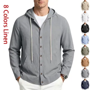 Vue détaillée de chemise à capuche en lin, tissu respirant à boutons, mode décontractée homme.