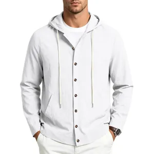 Vue détaillée de la chemise décontractée à capuche en lin à manches longues pour hommes.