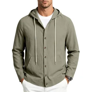 Chemise en lin à capuche vert sauge pour homme haut décontracté à boutons pour plage