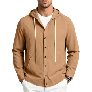 Chemise Homme Casual en Lin a Capuche Manches Longues Legere Plage Boutonnee Haut Masculin
