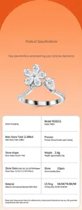Bague fleur en moissanite avec pierres poire et ronde en argent sterling 925 taille US 5-9