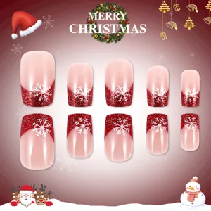 Kerst korte vierkante neppe nagels met rood glitter french design en witte sneeuwvlokken.