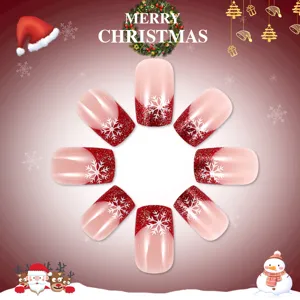 Kerst nepnagels kort vierkant rood glitters sneeuwvlok acryl nageltjes set 24 stuks