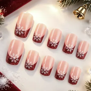Korte vierkante kerst kunstnagels met rode glitters en witte sneeuwvlokken, 24 stuks.