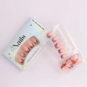 Korte Vierkante Plaknagels Kerst Rood Glitter Sneeuwvlok Valse Nagels 24 Stuks Kit