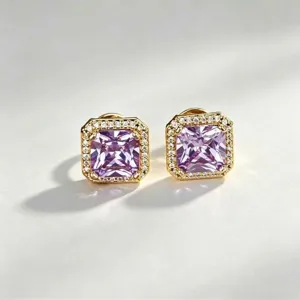 Pendientes de Botón de Cobre Bañado en Oro Púrpura Cuadrado Strass para Mujer Joyería de Estilo Halo Geométrico Regalo