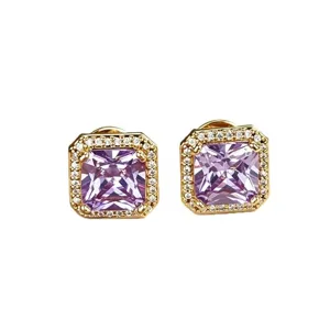 Pendientes de tuerca cuadrados de diamante morado, elegantes pendientes geométricos dorados.