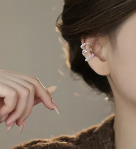 Silver non-pierced ear cuffs set of 3, geometric wave and beaded minimalist clip earrings.