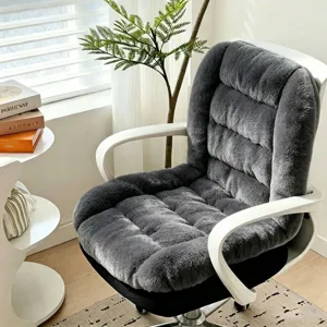 Comfortable gray plush office chair cushion and backrest pad for warm and cozy seating.