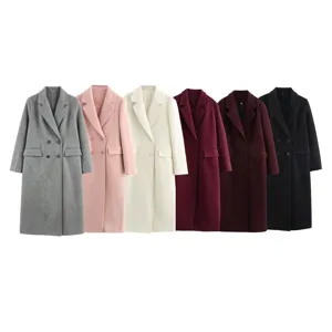 Damen Europäischer Stil Zweireihiger Revers Wollmantel Lange Jacke Büro Lady Eleganter Polyester Mantel Mit Taschen Dekor