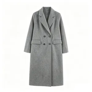 Grauer Woll Trenchcoat mit zweireihiger Knopfleiste Detailansicht, elegante Damen Oberbekleidung.