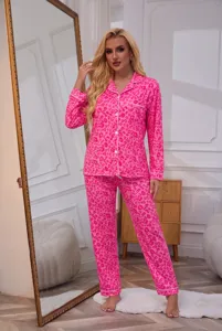 Women Pink Leopard Print Long Sleeve Pajama Set Lapel Button Sleepwear Loungewear