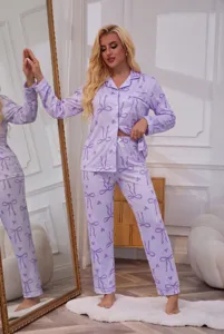 Women long sleeve lapel pajama set with cute bow heart print casual sleepwear homewear loungewear