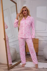 Women pink bow and heart print long sleeve button down pajama set comfortable sleepwear