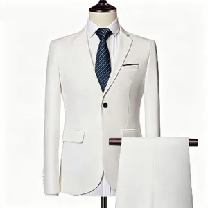 Heren wit slim fit pak set casual bruiloft zaken tweedelig kostuum jas en broek.