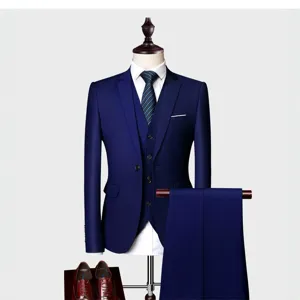 Heren slim fit donkerblauw driedelig pak set met jasje gilet en broek voor formele gelegenheden