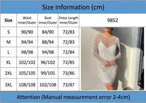 Size chart for 2025 sheer mesh sequin two-piece slip dress, available in sizes S to 3XL.