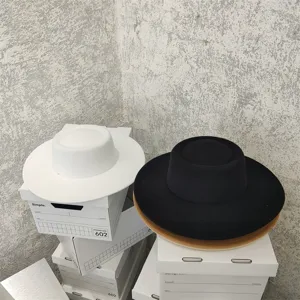 Cotton French Retro Flat Top Fedora Hat For Women Wide Brim British Style Solid Color Imitation Wool Felt Boater Hat Autumn Winter