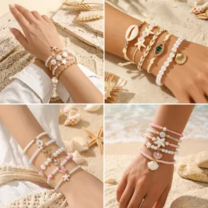 Summer Beach Vacation Style Starfish Shell Artificial Pearl Layered Beaded Bracelets Bohemian Elastic Woven Rope Bracelet Collection For Women Jewelry Gift
