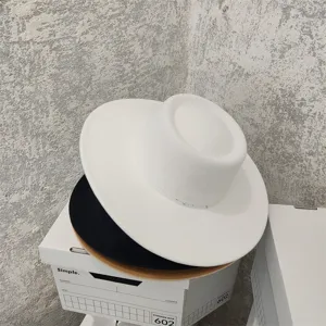 Women winter wide brim flat top felt hat french retro solid color woolen hat detail view