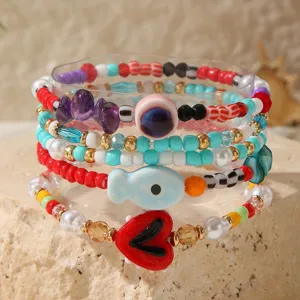 Colorful beaded bracelet set summer beach vacation style crystal pearl stackable jewelry detail