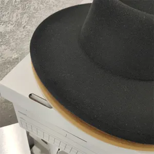 Detail shot of a stylish black and camel wide-brim felt fedora hat, classic autumn winter retro design.