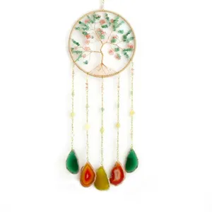 Natural green crystal chip suncatcher wind chime handmade tree of life hanging home decor