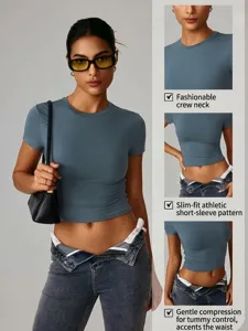 Mujer ajuste delgado manga corta fitness crop top deportivo gimnasio correr yoga camiseta