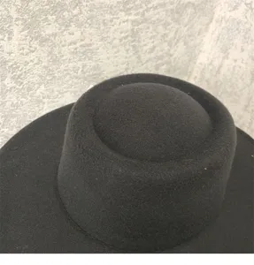 Black wool felt flat top fedora hat, retro British style wide brim winter women fashion cap.