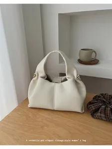 Cream Pleated Hobo Bag Vintage Cloud Shoulder Bag Casual Versatile Women Crossbody