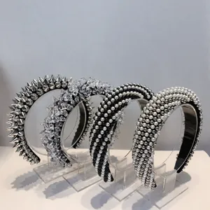 Diadema Ancha de Esponja de Moda para Mujer Retro Geométrico Estrás Perla Cristal Aro de Pelo Accesorios Elegantes