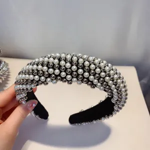 Diadema ancha con perlas y cuentas plateadas, elegante aro para el pelo de mujer y niña.