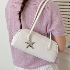 Minimalist white shoulder bag for women casual underarm handbag with chic silver star charm.