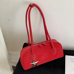 Red stylish east-west shoulder bag for women, elegant minimalist PU leather armpit handbag.