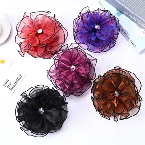 Large mesh flower hair claw bun cover elegant organza floral hair accessories set 5 colors