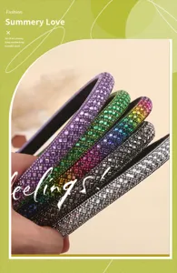 Close-up detail of sparkling crystal rhinestone headbands in vibrant multi colors for women.