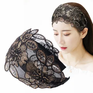 Ethnic embroidered wide lace headband for women, stylish champagne hair hoop with teeth.