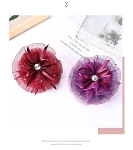Mesh rhinestone flower hair grab clip, elegant organza accessory for women and dance.