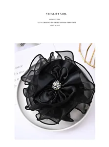 Black mesh silk hair flower with crystal center, elegant Korean style fabric hair accessory.